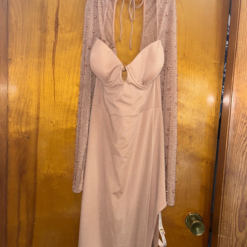 Oh Polly San Marino Embellished Side Slit Maxi Dress in Beige